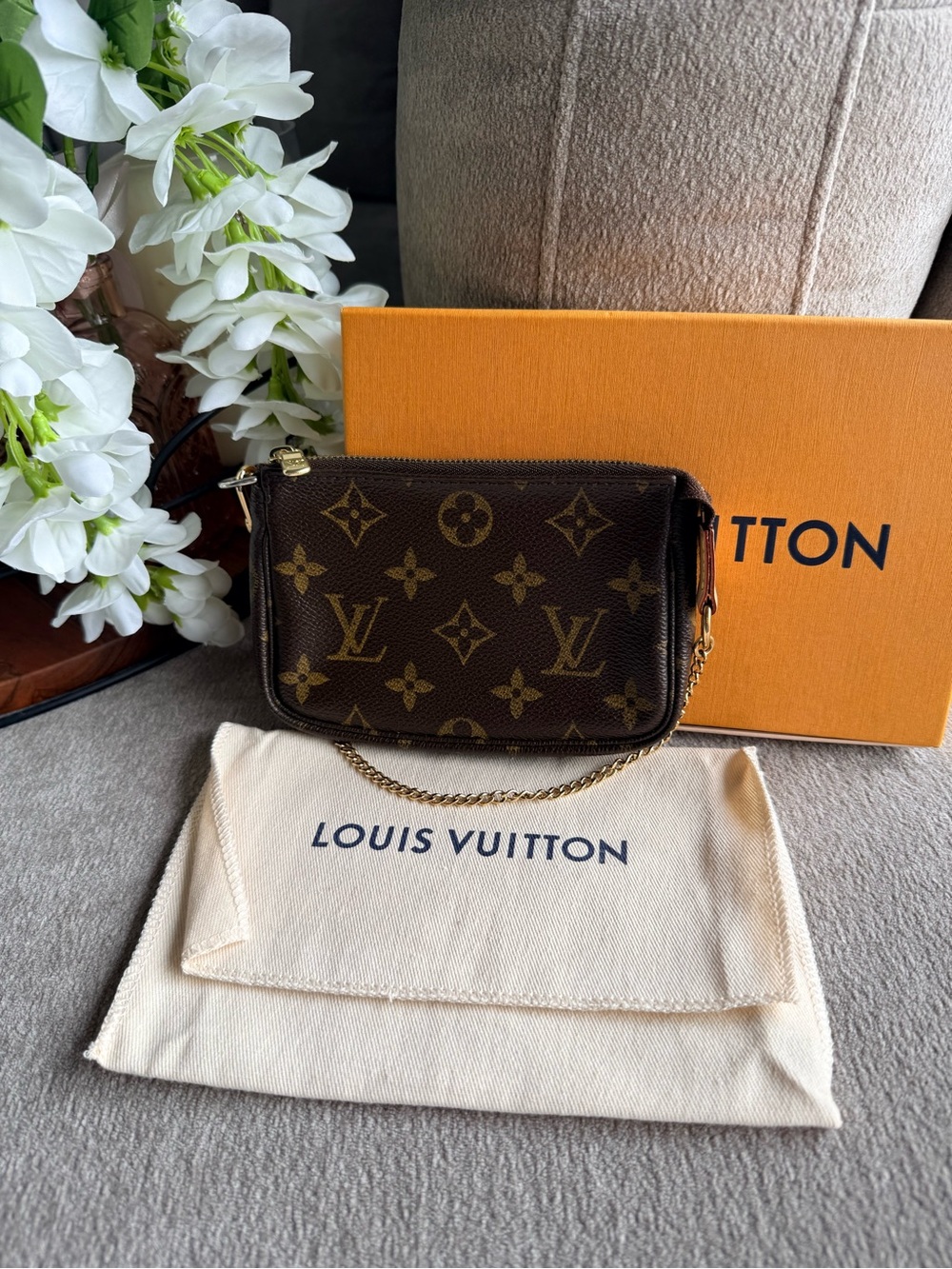 Louis Vuitton Brown Monogram Mini Pochette Accessories with Gold Chain Authentic